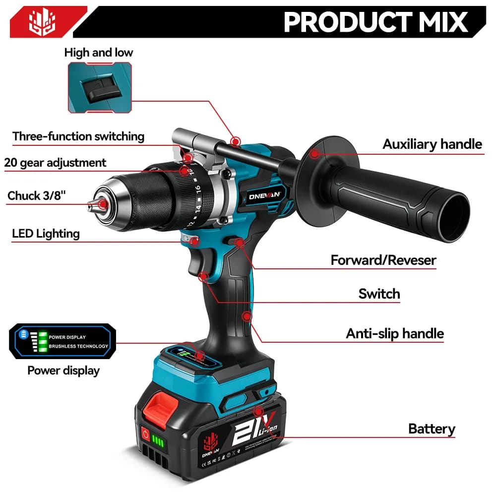 ONEVAN Brushless Electric Drill Cordless Portable Wood Steel Impact Drill Screwdriver Power Tool For Makita 18V Battery Pin