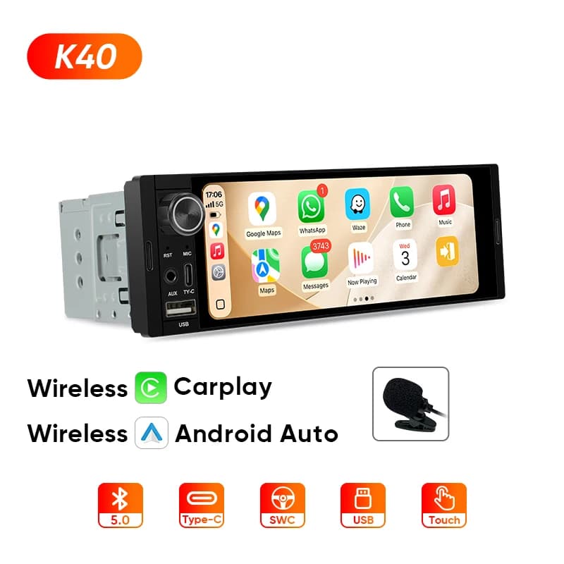AINAVI K40 Universal 1 DIN Car Radio Carplay Wireless HD IPS Touch Screen Single Din Car Multimedia 1DIN Android Auto Type-C BT