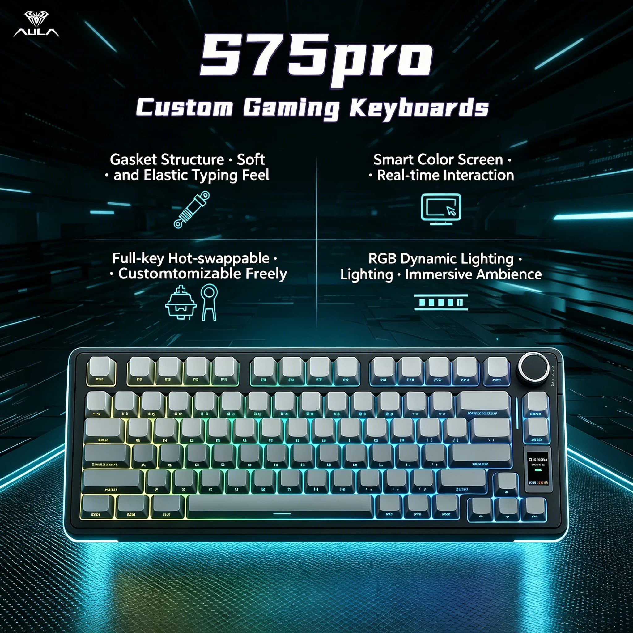 AULA S75pro Wireless Mechanical Keyboard Supporting Bluetooth/2.4GHz/USB-C Interface Equipped with RGB Backlight PBT Keycaps