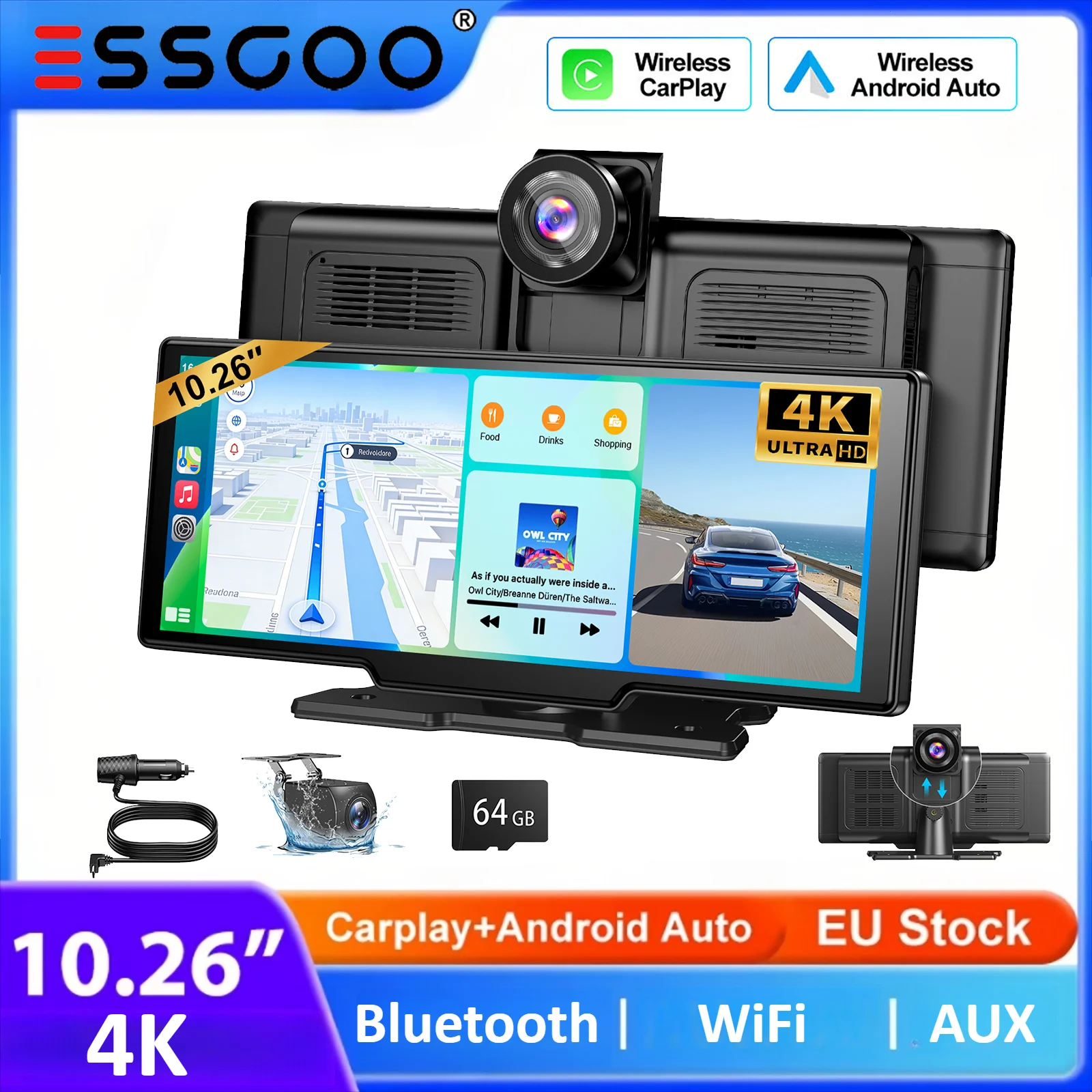 ESSGOO 10.26" Wireless Carplay Screen Dash Cam 4K Car DVR Android Auto Dual Lens Video Recorder Wifi FM AUX Bluetooth Type C TF