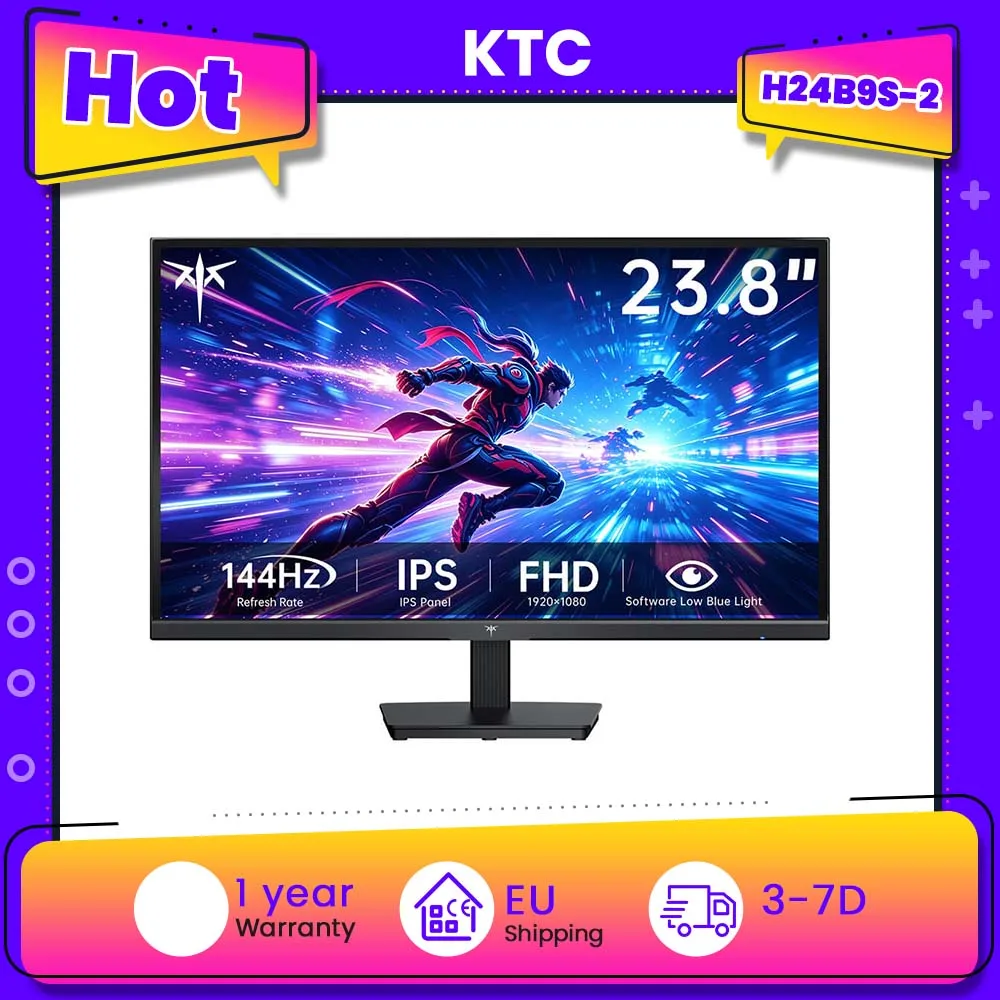 KTC H24B9S-2 144Hz Gaming Monitor, 23.8' FHD IPS Display, 178° Wide Viewing Angle, 113% SRGB, 16.7M Colors, Low Blue Light, 280 cd/m², HDMI & VGA, VESA 75x75mm Mount, Smooth Gaming & Daily Productivit