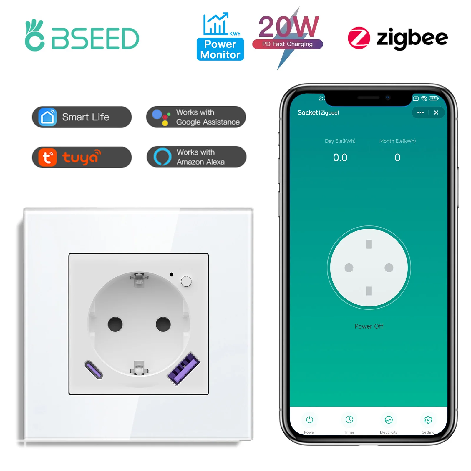 BSEED E Series Zigbee Socket Control Smart Power Monitor Sockets 16A Wall Sockets USB Type-C Fast Charging Work With Tuya Smart Life App Compatible With Google Assistant Alexa White Glass Frame