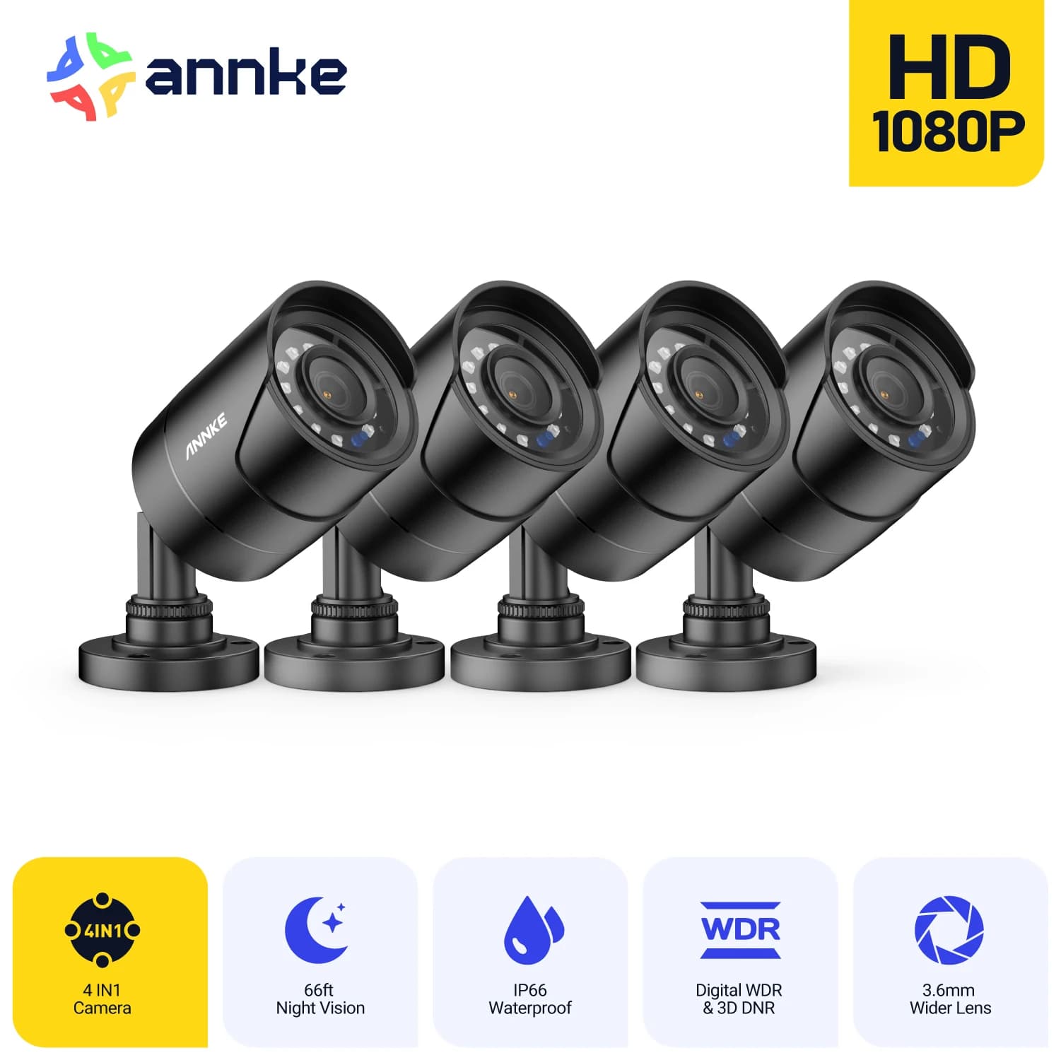 ANNKE 1080P 4-in-1 HD Analog Security Camera – AHD/TVI/CVI/CVBS Switchable, 3.6mm Lens, 66ft IR Night Vision, IP66 Weatherproof, 3D DNR & Digital WDR