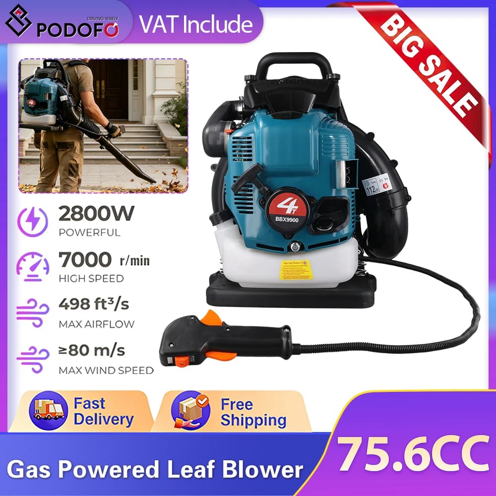 Podofo 75.6CC 2‑Stroke\4‑Stroke Backpack Gas Leaf Blower 2.8KW 7000Rpm High Power Petrol Blower Vacuum with 1.9L Fuel Tank Anti‑Vibration Shoulder Harness For Lawn Care Snow Blowing Yard Driveway Debris Clearing
