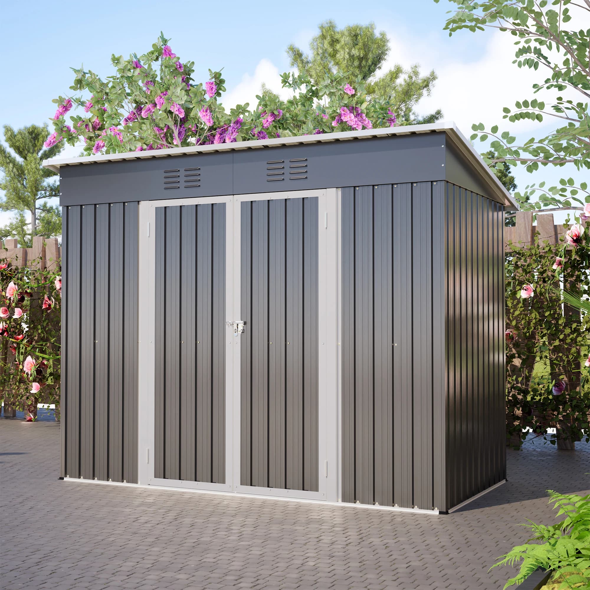 8x4ft Galvanised Steel Gable Roof Storage Shed Weatherproof UV Resistant Floor Base 2 Vents for Bikes and Lawnmowers Pet House