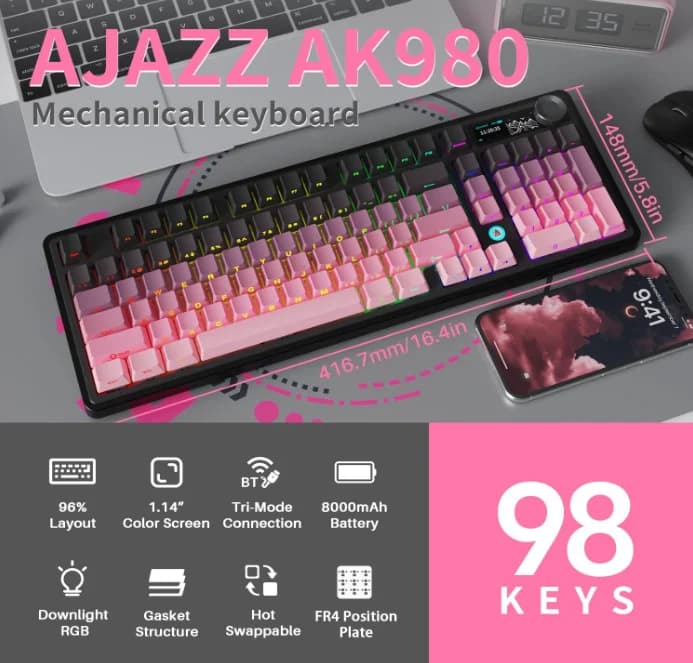 Ajazz AK980 Gaming Mechanical Keyboard Gift Switch Full-Size RGB Keycap Installation Three Modes (Melad Switch)