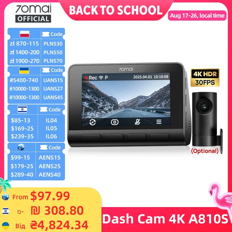 70mai Dash Cam 4K A810S HDR IMX678 Supercapacitor 4G LTE Remote Control Wi-Fi 6 Voice Control GPS ADAS Car Camera 70mai A810S