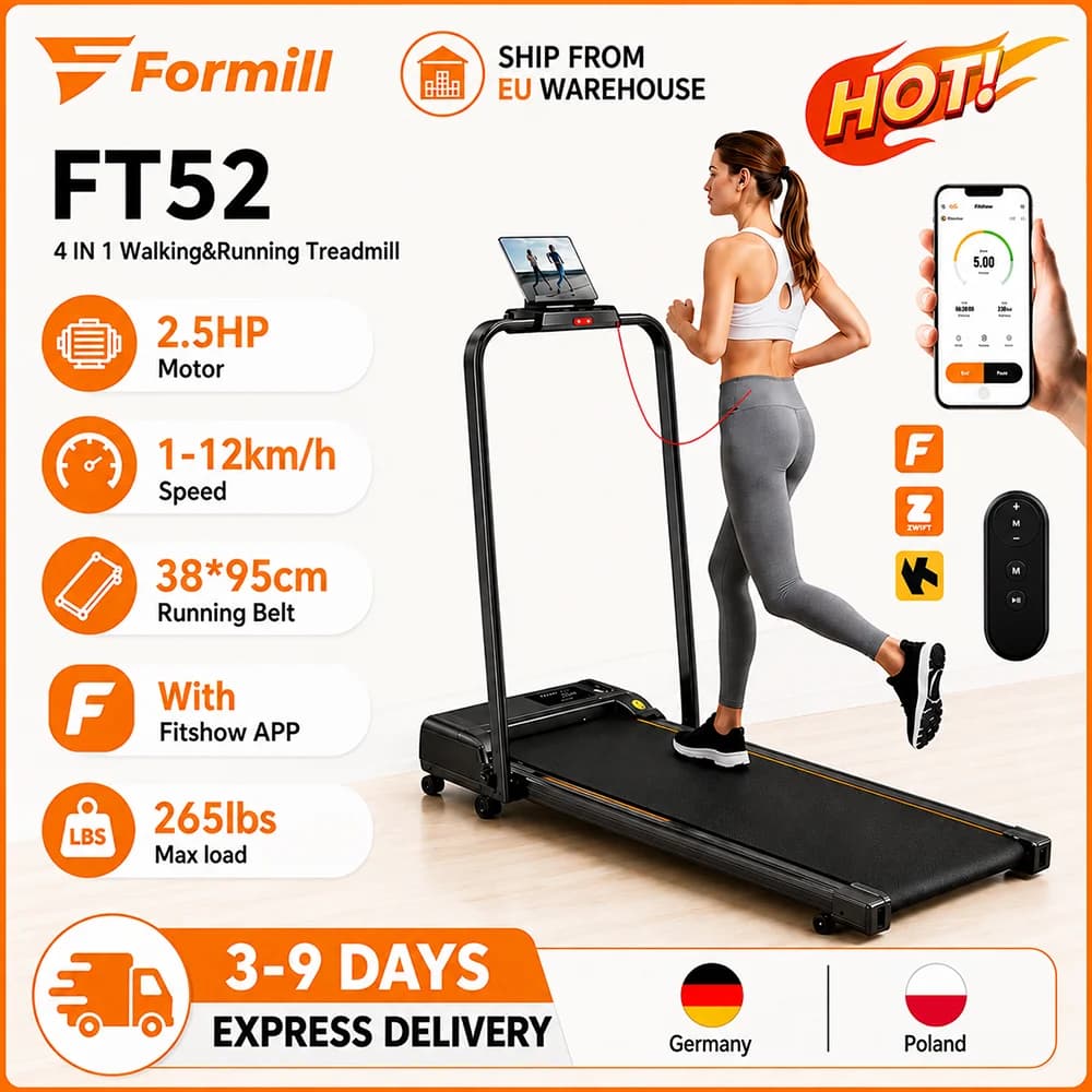 Formill FT52 4-in-1 Foldable Treadmill 2.5HP, 12km/h, 3-Level Manual Incline, 265lbs Load, Silent LED, Shock-Absorbing Home Use