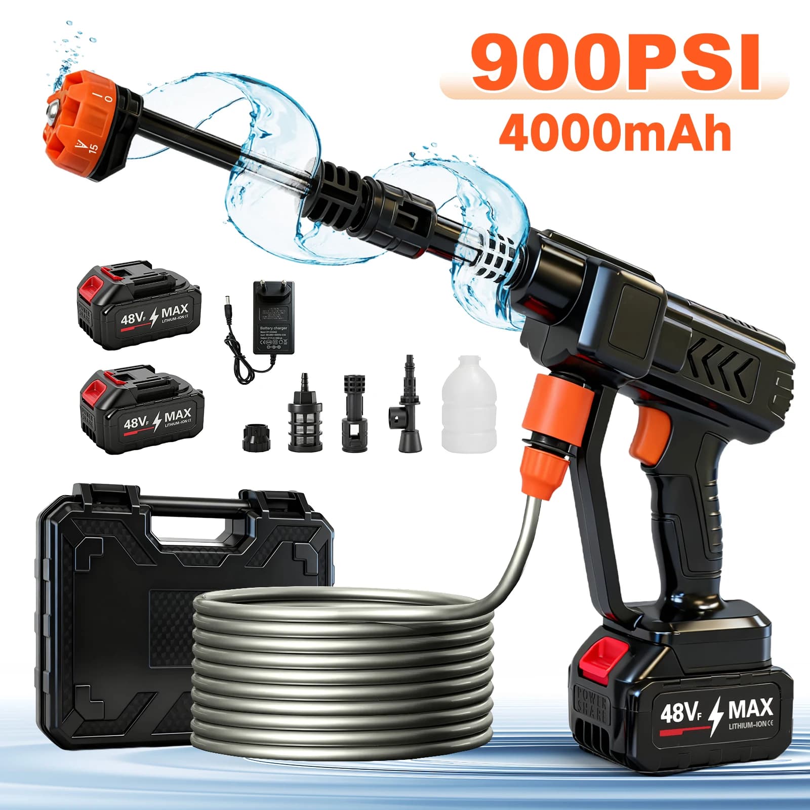 870 PSI Cordless Washer Gun High Pressure  6-in-1 Nozzle Electric Brushless Car Cleaner with 2×4.0Ah Batteries & 16.4 FT Hose for Car Patio Floor Fence Garden