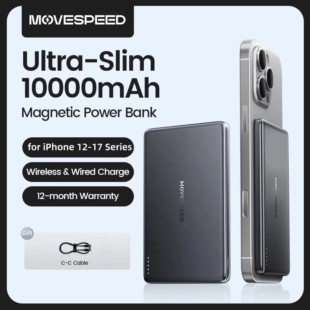 MOVESPEED Magnetic Power Bank 10000mAh Slim Wireless External Batteryfor MagSafe Powerbank for iPhone 16 15 14 13 Samsung 24