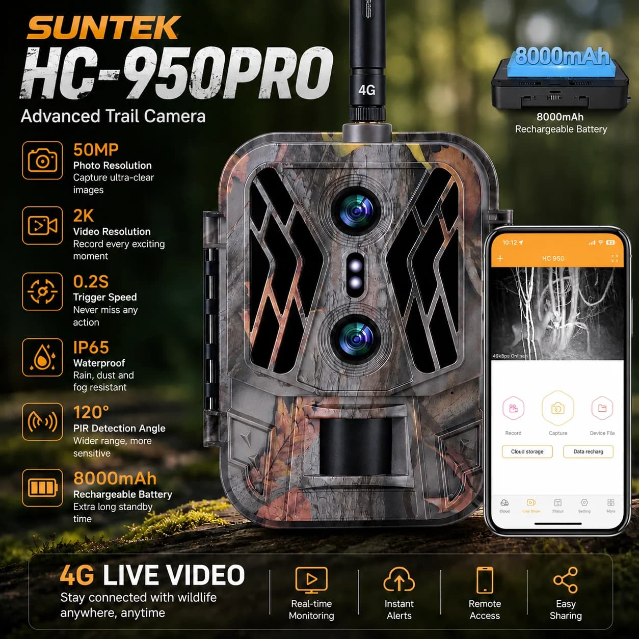 Suntek 50MP 8000mAh Battery 4K APP Phone Control Live Show Fototrappola Trail Camera Cloud Service Hunting Night Vision Trap Cam