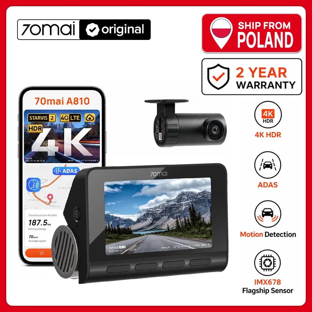 70mai Dash Cam 4K A810 Ultra HD 150° FOV 24Hours Parking Monitor ADAS, Coordinates by Built-in GPS WIFI&4G For Extreme Weather