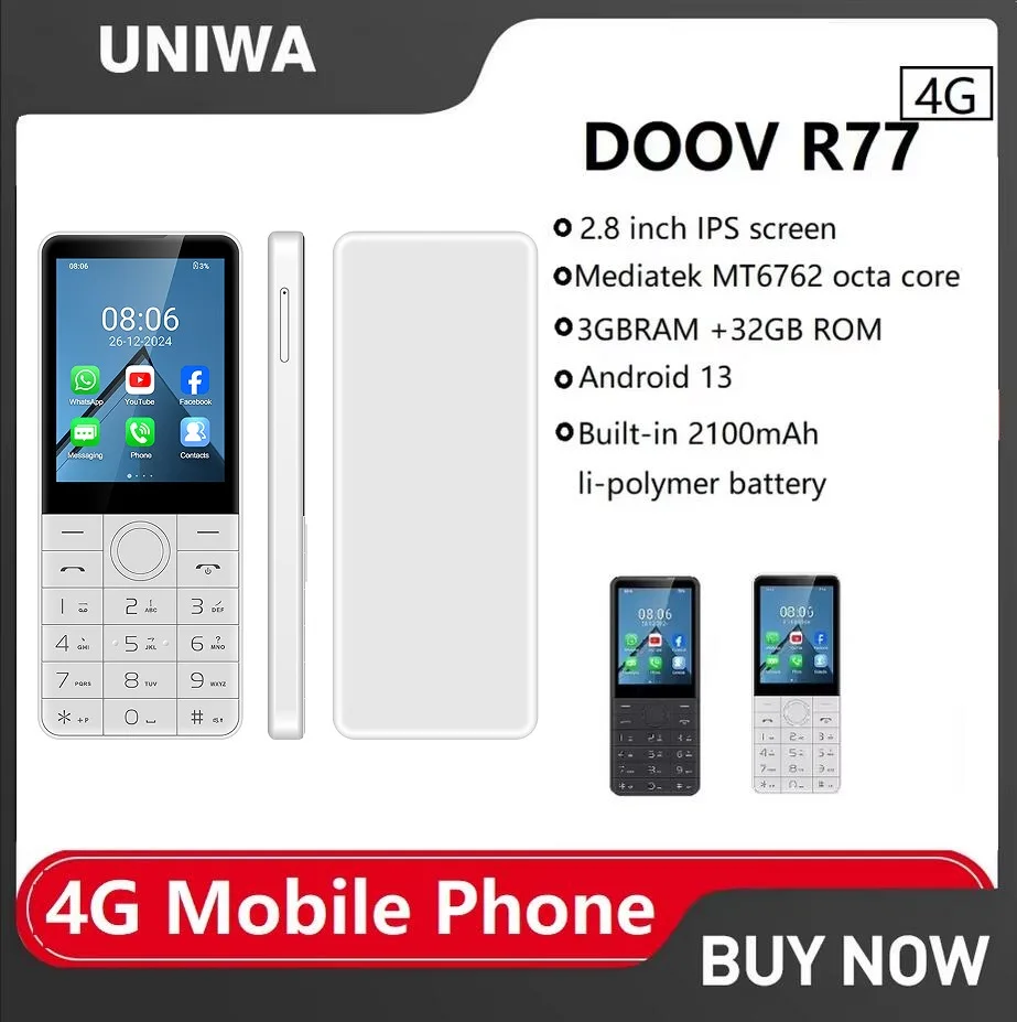 NEW DOOV R77 4G Touch Keyboard Google Phone Android 13 2.8" Screen 3GB+32GB 2100mAh Volte Call Whatsapp Cell Hebrew Arabic Phone