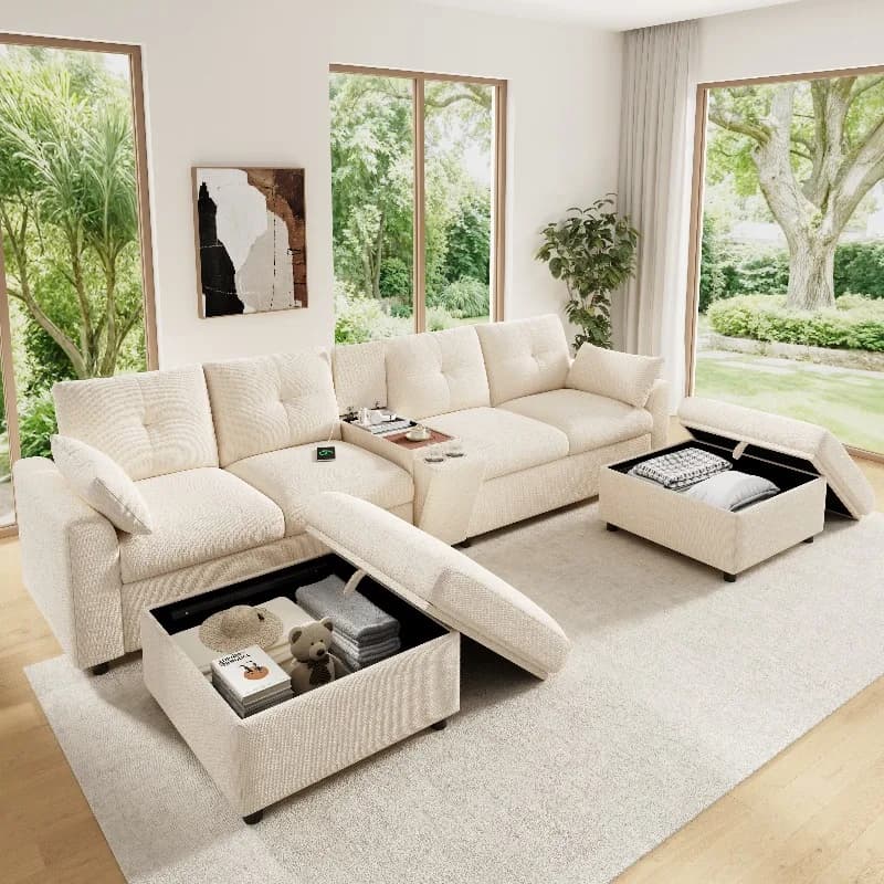 Modular 6-Seater U/L-Shape Sectional Sofa with 2 Storage Ottomans, Console with Shelf, Flip-Up Storage, Retractable Cup Holders, USB/Type-C Ports, Chenille Fabric, Grey
