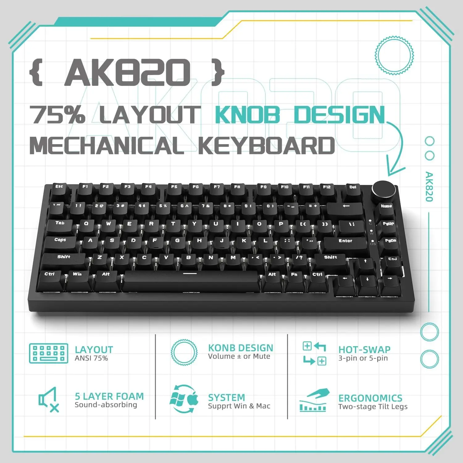 AJAZZ AK820 82-key Mechanical Keyboard QWERTZ layout Hot Swap Volume Rotary Button