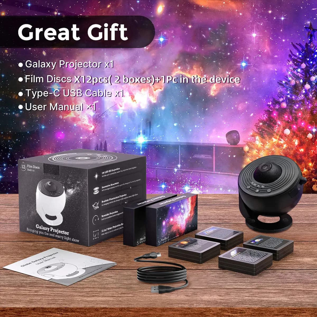 HD Galaxy Projector for Bedroom,13 Film Discs Planetarium Projector for Kids, 360° Rotating 1/2h Timer Simple 3-Button Control