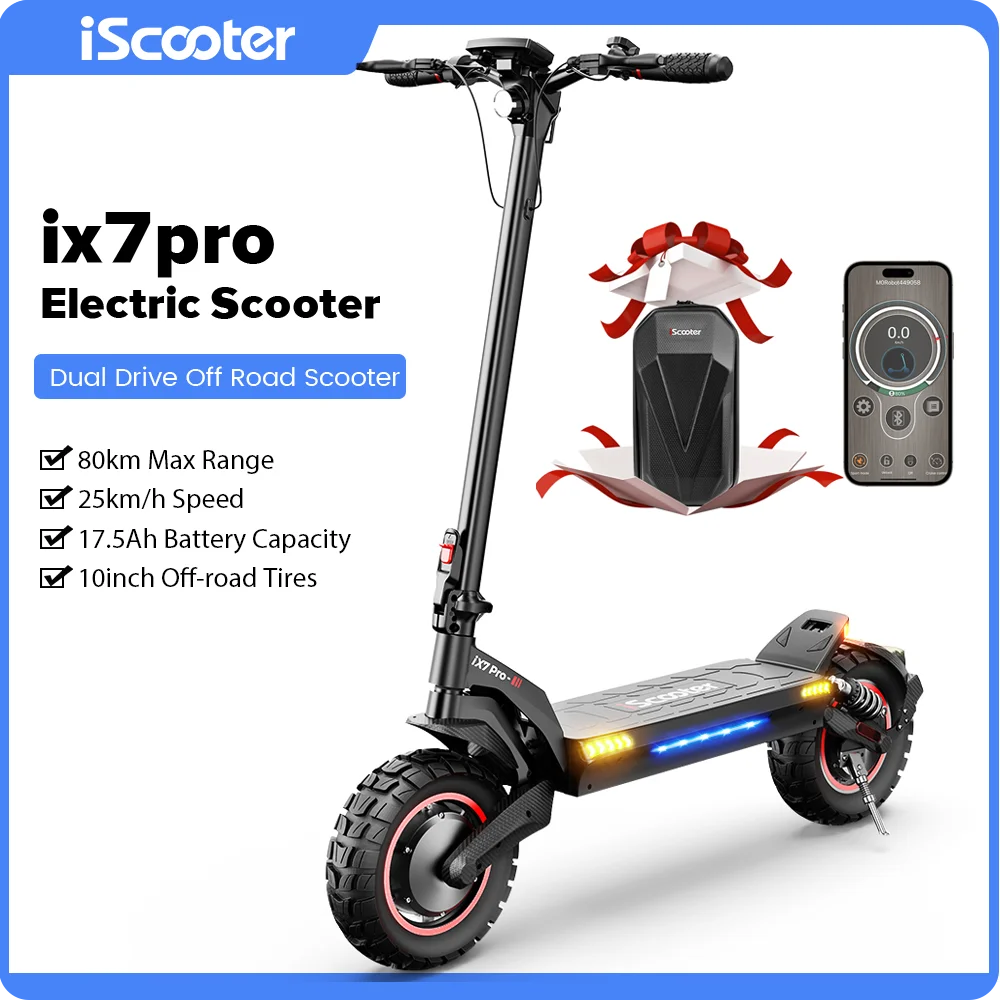 IScooter IX7Pro Electric Scooter, 17.5Ah Large Battery Up to 80km Range, 25km/h Max Speed, 10 Inch Off-Road Tires, Foldable Commuter EScooter with Smart App Control