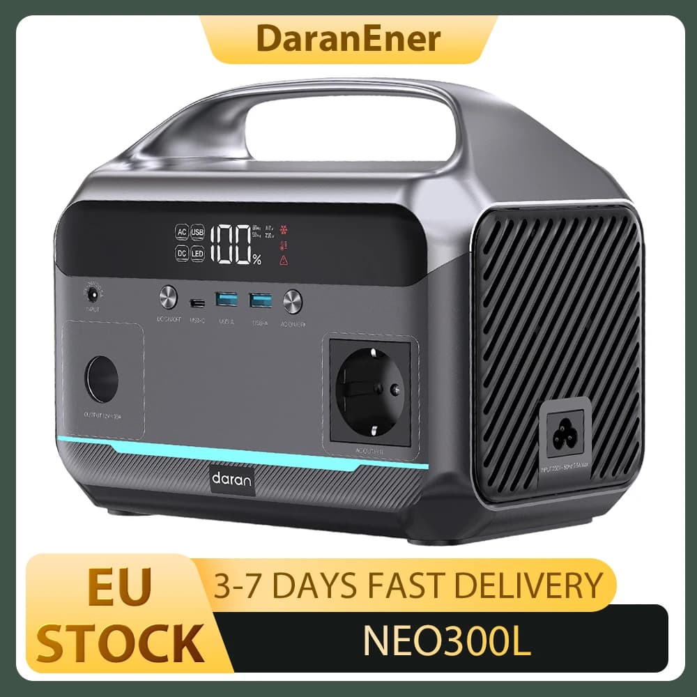 DaranEner NEO300L Portable Power Station, 288Wh LiFePO4 Battery, 350W Pure Sine Wave AC Output, 600W Surge Power, 100W Solar Input, 60W USB-C PD, Dual 18W USB-A, 120W Car Socket, MPPT, BMS, UPS, 3500+ Cycle Life
