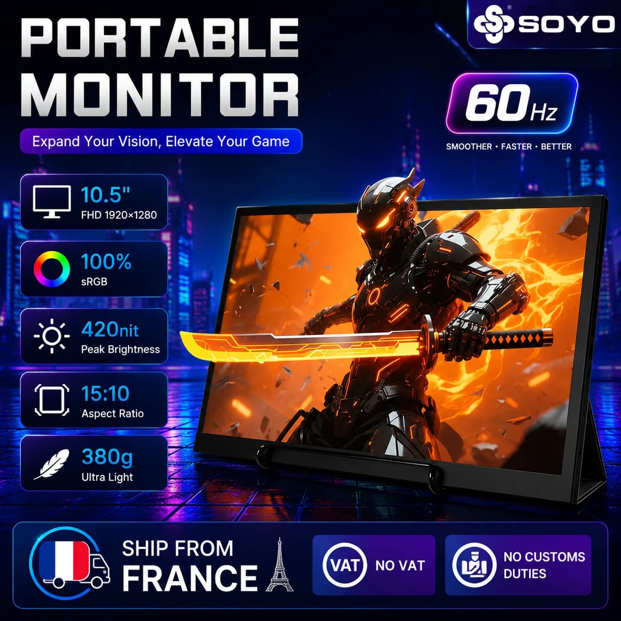SOYO 10.5 Inch Portable Monitor 100% RGB FHD 1080P Kickstand Portable Laptop Monitor High Color Gamut Display IPS Eye Care Screen Compatible with Nintendo Switch, PlayStation 3/4/5, Xbox Series X/S, Phone and More
