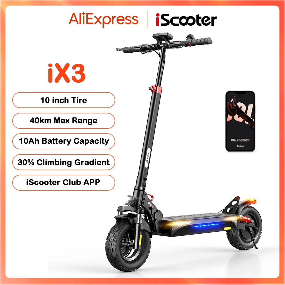 iScooter iX3 Electric Scooter 40KM Range 10inch Off Road Tire Electric Kick Scooter 10Ah Scooter for Adults