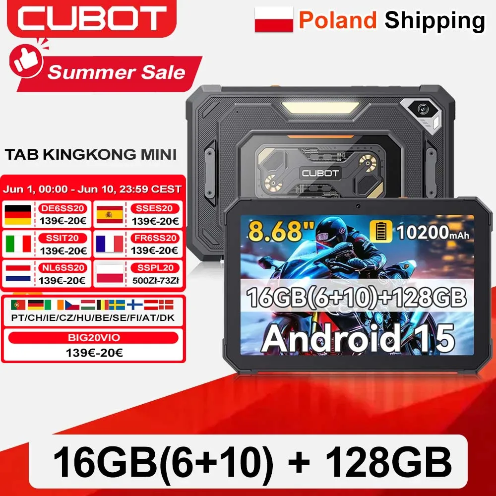 [Shipping From Poland] Cubot Tab KingKong Mini 16GB(6+10) 128GB 10200mAh Android 15 Rugged Tablet 8.68'' 90Hz Camping Light 48MP