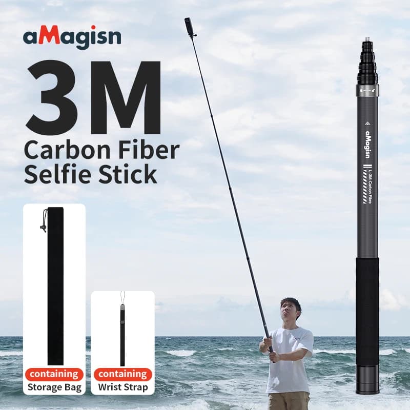 aMagisn 3m Invisible Selfie Stick , Carbon Fiber Extended Monopod 118" for Gopro Max DJI 360 Insta360 X4 Air X5 X6 Accessories