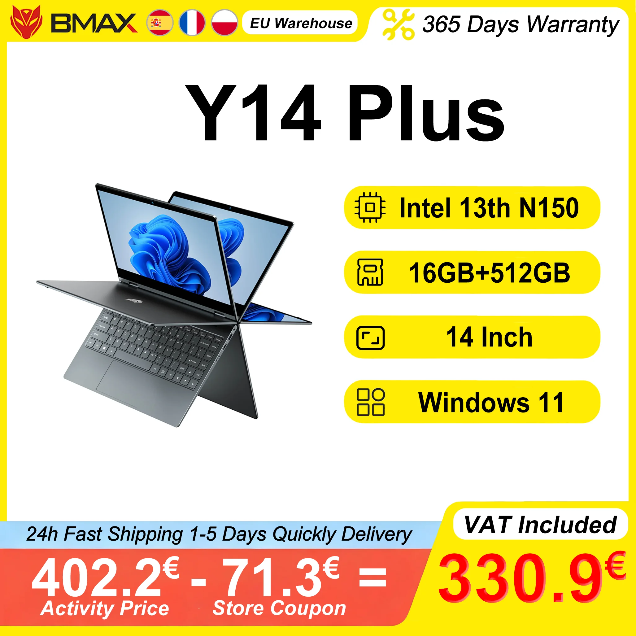 BMAX Y14 Plus Laptop 14 inch Notebook Windows 11 16GB RAM 512GB SSD 1920*1080 IPS Intel N150 Laptops Computer USB Type-C