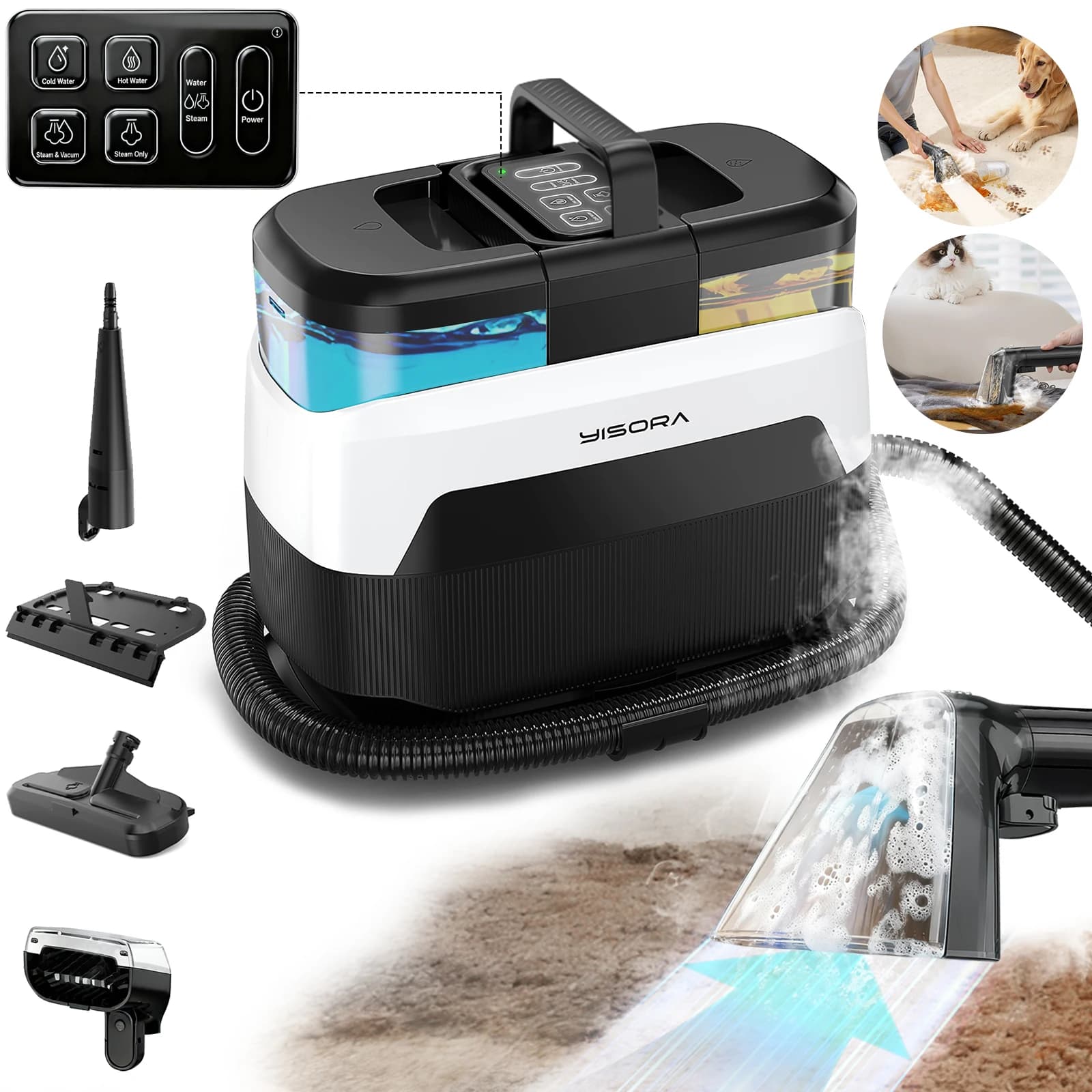 Grenintol-Yisora W08 Portable Carpet Cleaner Machine 1650W 4-in-1 Steam Upholstery Cleaner 35000Pa, Spray Extraction Vacuum for Sofa, Mattress, Car, Pet Stains