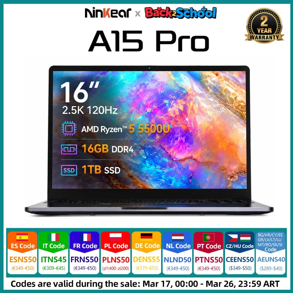 Ninkear A15 Pro 16 Inch Laptop AMD Ryzen 5 5500U 16GB RAM 1TB SSD 2.5K 120Hz 100% sRGB Windows 11 WiFi 6 Fingerprint 65W Fast Charge Backlit Keyboard Metal Laptop