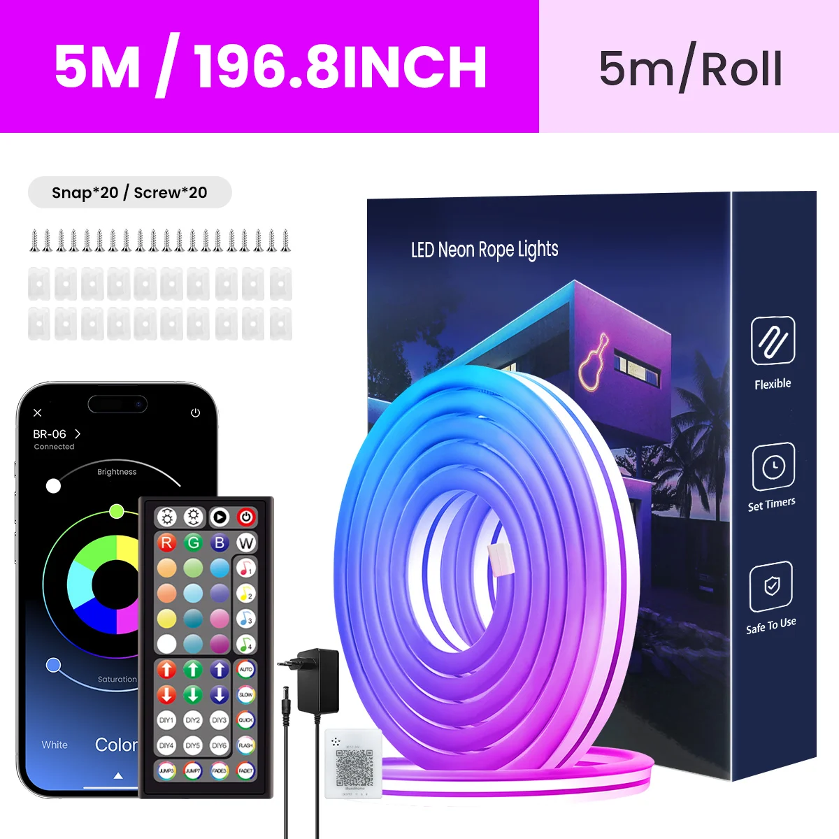 RGB Flexible Music Sync Neon LED Strips with App/Remote, Multiple Modes, DIY Design, IP65 Waterproof Music Sync Outdoor for Room