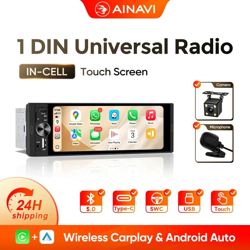 AINAVI K40 Universal 1 DIN Car Radio Carplay Wireless HD IPS Touch Screen Single Din Car Multimedia 1DIN Android Auto Type-C BT