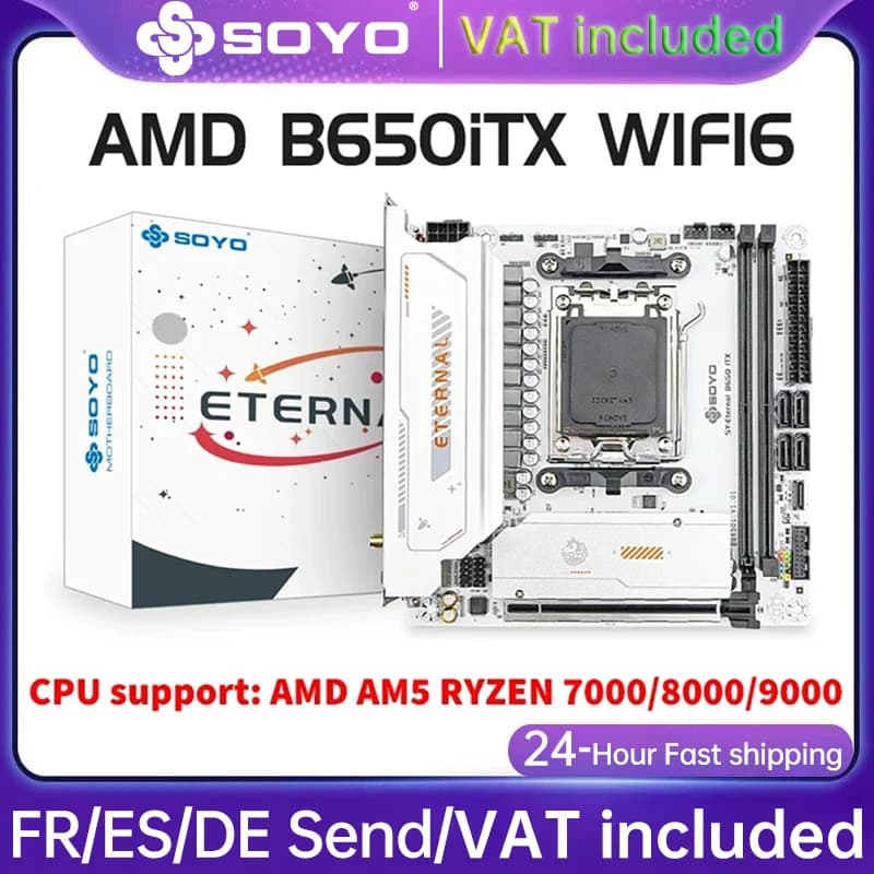 SOYO Motherboard AMD B650ITX Ryzen AM5 DDR5 Supports CPU 7000 8000 9000 Processors Pcie5.0x16 Pcie4.0x4 M.2 ARGB WIFI6