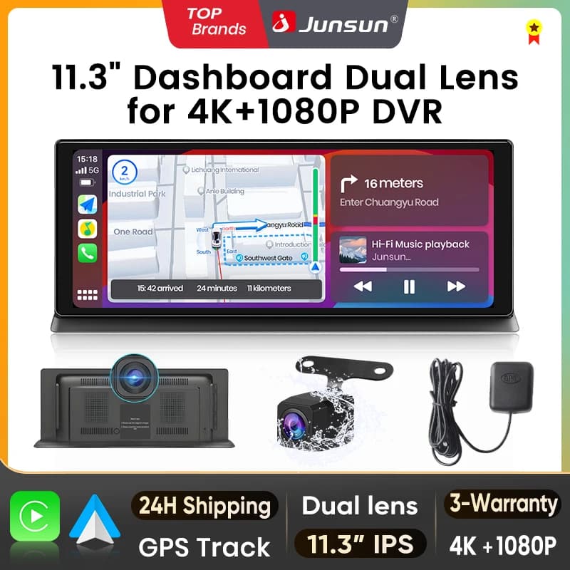 Junsun 11.3 Inch 4K Car DVR Wireless CarPlay Android Auto Dash Cam Dashboard Dual Lens Video Recorder GPS Navigation Screen FM