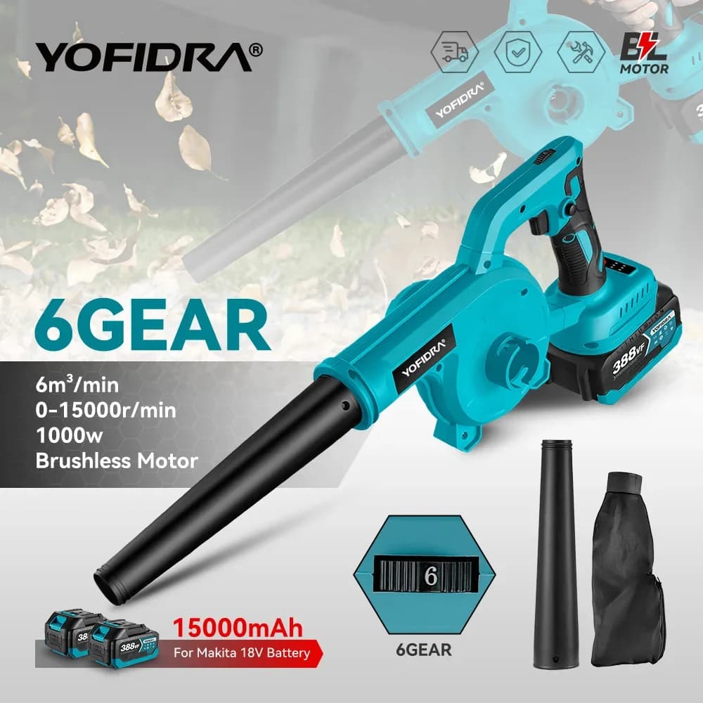 Yofidra Brushless Electric Blower 6 Gears Cordless Leaf Snow Dust Blowing Cleaning Power Tool For Makita 18V Battery Pin
