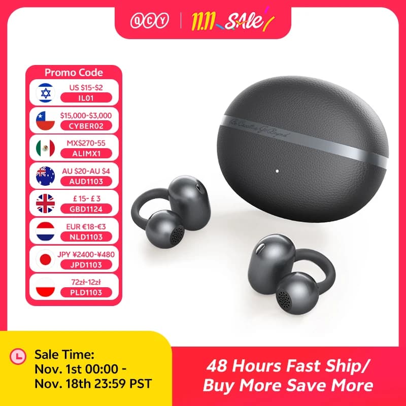 QCY Crossky C50 Clip Open Ear Wireless Earphones Lightweight Comfort 35H Playback IPX5 Bluetooth 6.0 for Sports Running and Work