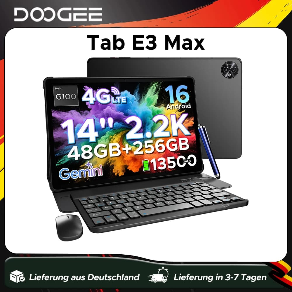 DOOGEE Tablet PC 2 in 1 Tab E3 Max Gmini AI 14 "screen 2.2K Battery mAh Android 16 48Go(8 + 40) 256 Go Helio G100 AI Tablet