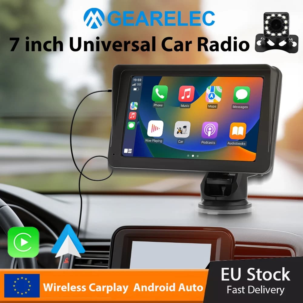 GEARELEC 7 inch Portable Car Radio Wireless CarPlay Android Auto Universal Touch Screen Multimedia Video PlayerWith FM Rear View Camera