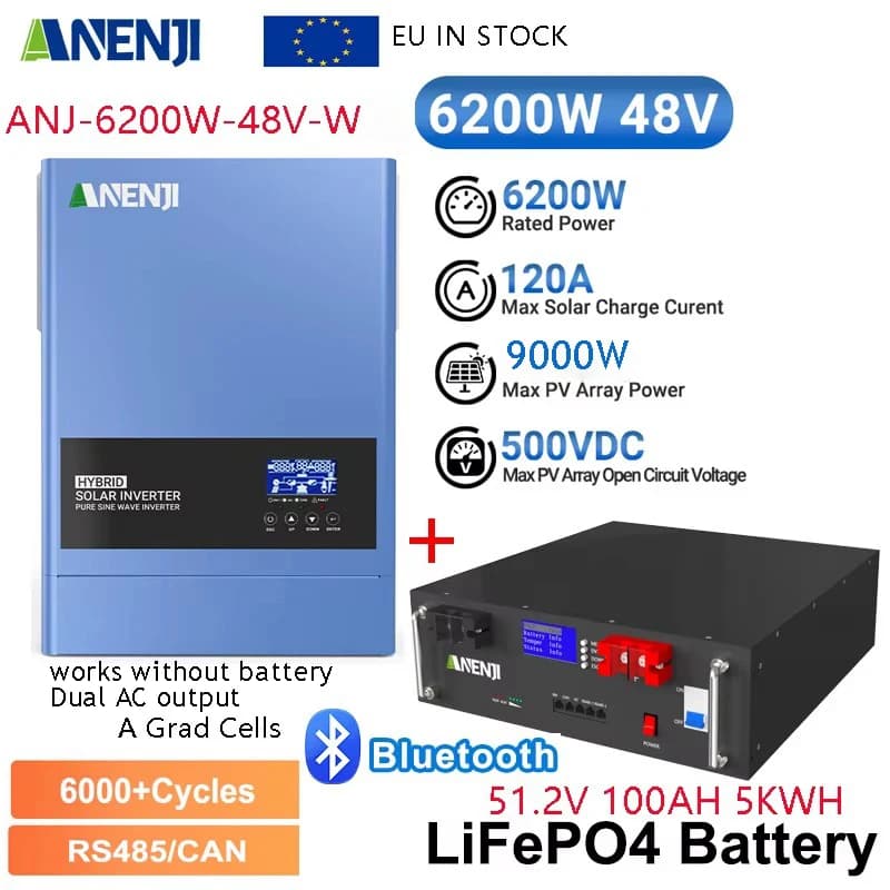 ANENJI 51.2V 100AH LiFePo4 Battery A Grade Cells 5KWH BMS 6.2KW 48V Hybrid Solar Inverter AC 220VAC Pure Sine 120A PV 60-500VDC