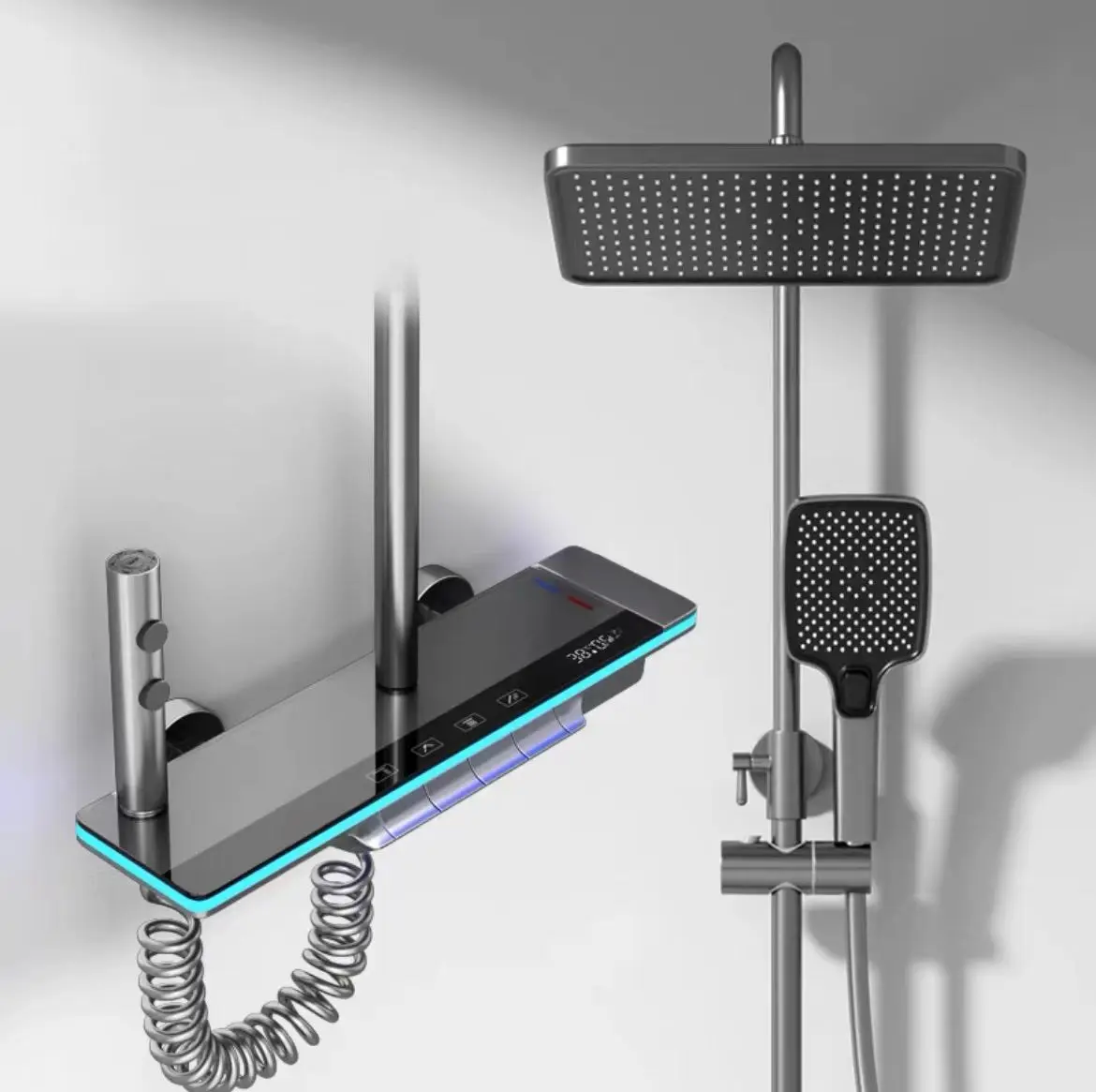 Smart Digital Display Shower System: LED Temperature Display, Copper Mixer Valve, Tempered Glass Panel & Rainfall Shower Set