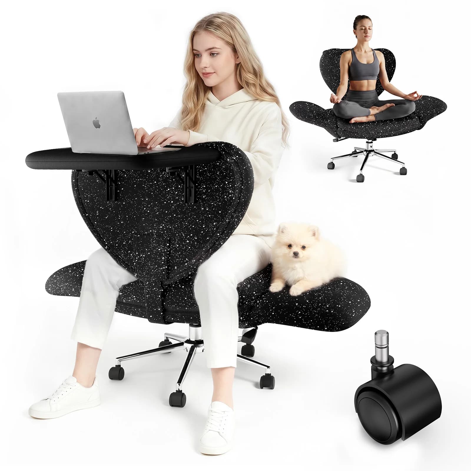 Patberla Ergonomic Office Chair with Folding Tabletop, Wide Desk Chair with 5-Position Adjustable Armrests, Height-Adjustable Cross-Legged Seat, Computer Chair