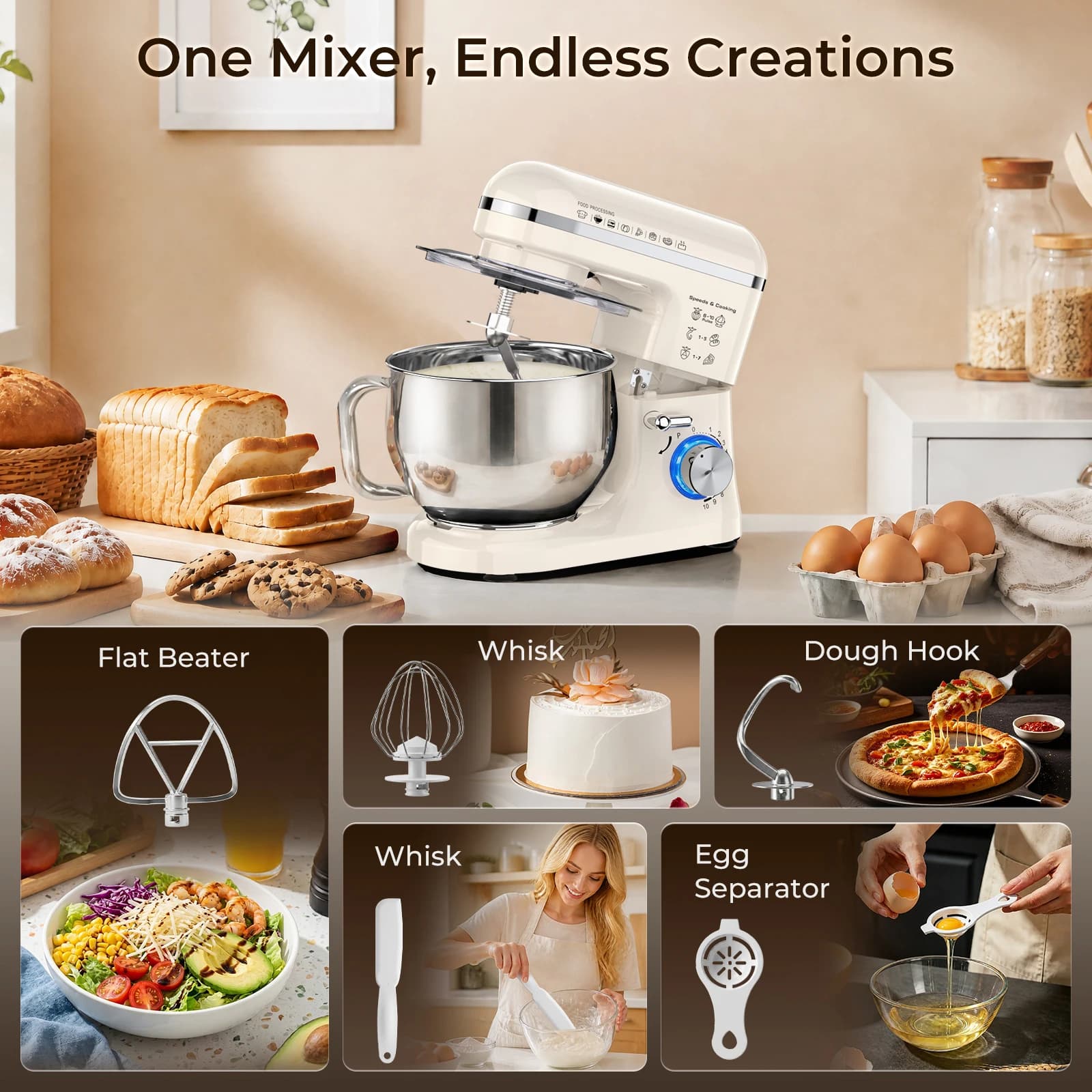 Patbrela Stand Mixer, 5L Kitchen Food Stand Mixer, Pastry Mixer&Dough Mixer&Planetary Mixer  with Stainless Steel Bowl, 10 Speeds, Dough Hook, Beater & Whisk for Bread Dough, Cakes & Cookies
