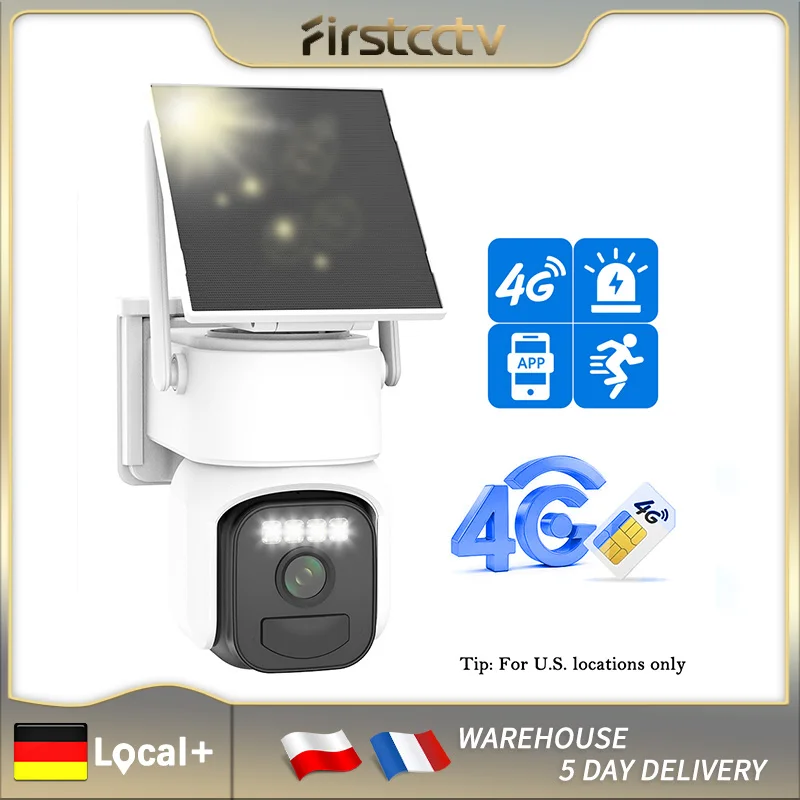 FIRSTCCTV 3MP 100% 4G LTE Solar Security Camera, Two-way Audio Wireless PTZ CCTV Camera with Solar Panel Surveillance Camera