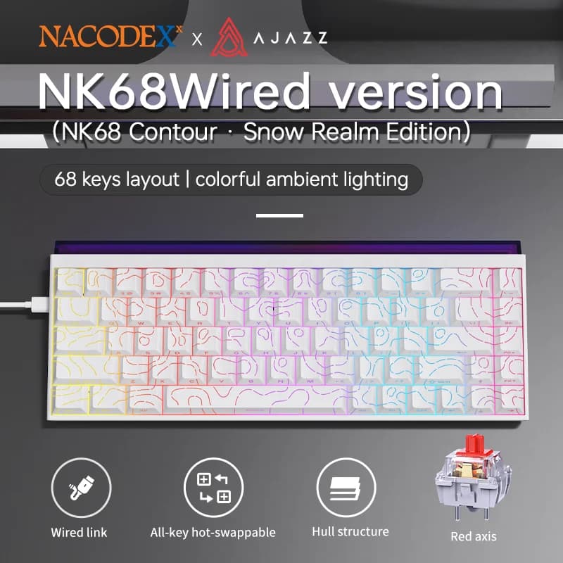 AJAZZ NK68 Wired Mechanical Keyboard, 68% Compact Layout, RGB Lighting for PC Office and Gaming Use.