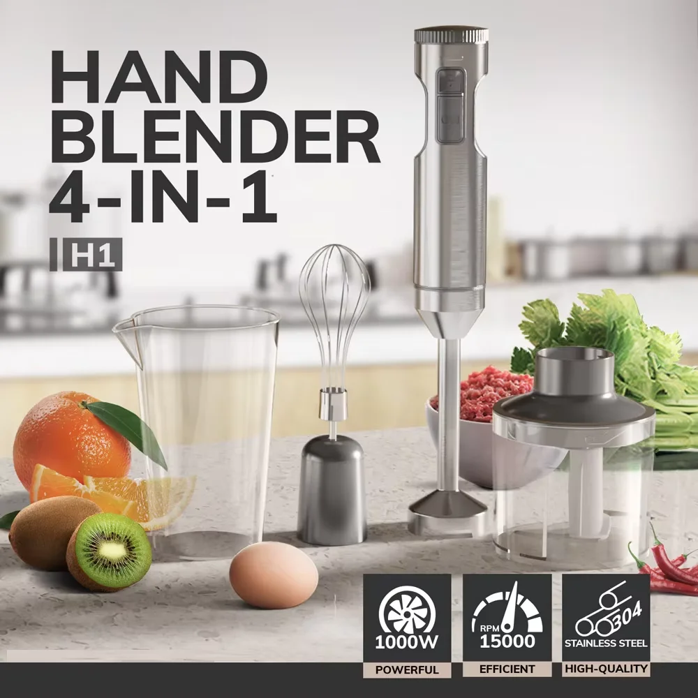 ROUNY Powerful Immersion Blender,4-in-1 Stainless Steel Stick Baby Food Mixer,700ml Mixing Beaker,500ml Processor,Whisk, MAX 1200W