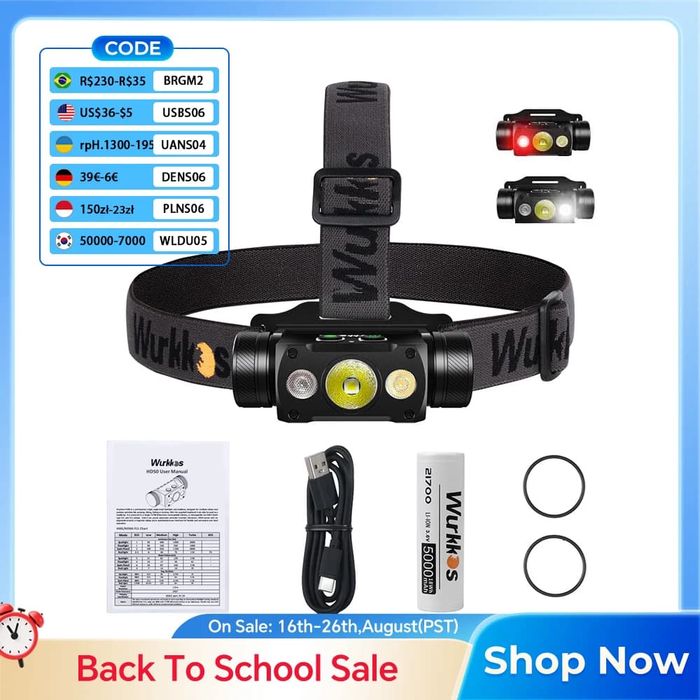 Wurkkos HD50 Headlamp Ultra-Bright 4000 Lumens with Red and White Light Functions 21700 USB-C Rechargeable LED Torch