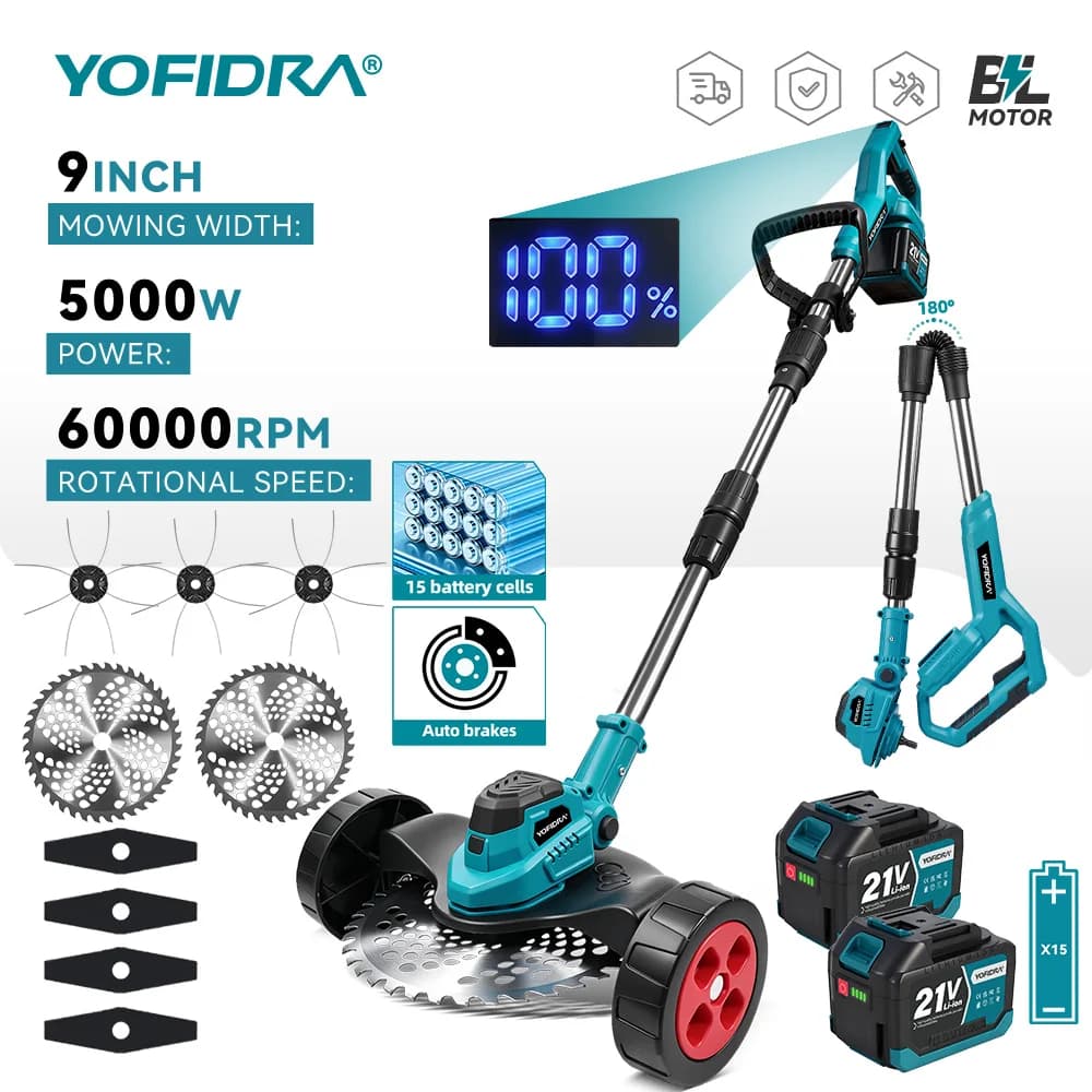 YOFIDRA 9INCH Brushless Cordless Grass Trimmer Foldable Telescopic Lawn Mower Adjustable Multi-Angle Weed Eater Garden Cutting Tool For Makita 21V Battery Pin