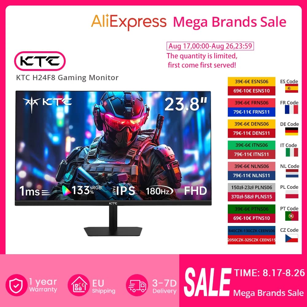 KTC H24F8 Gaming Monitor, 23.8'' 1920*1080 16:9 Fast IPS Screen 180Hz 1ms Response Time 1000:1 Contrast Ratio, HDR10 VESA Mount