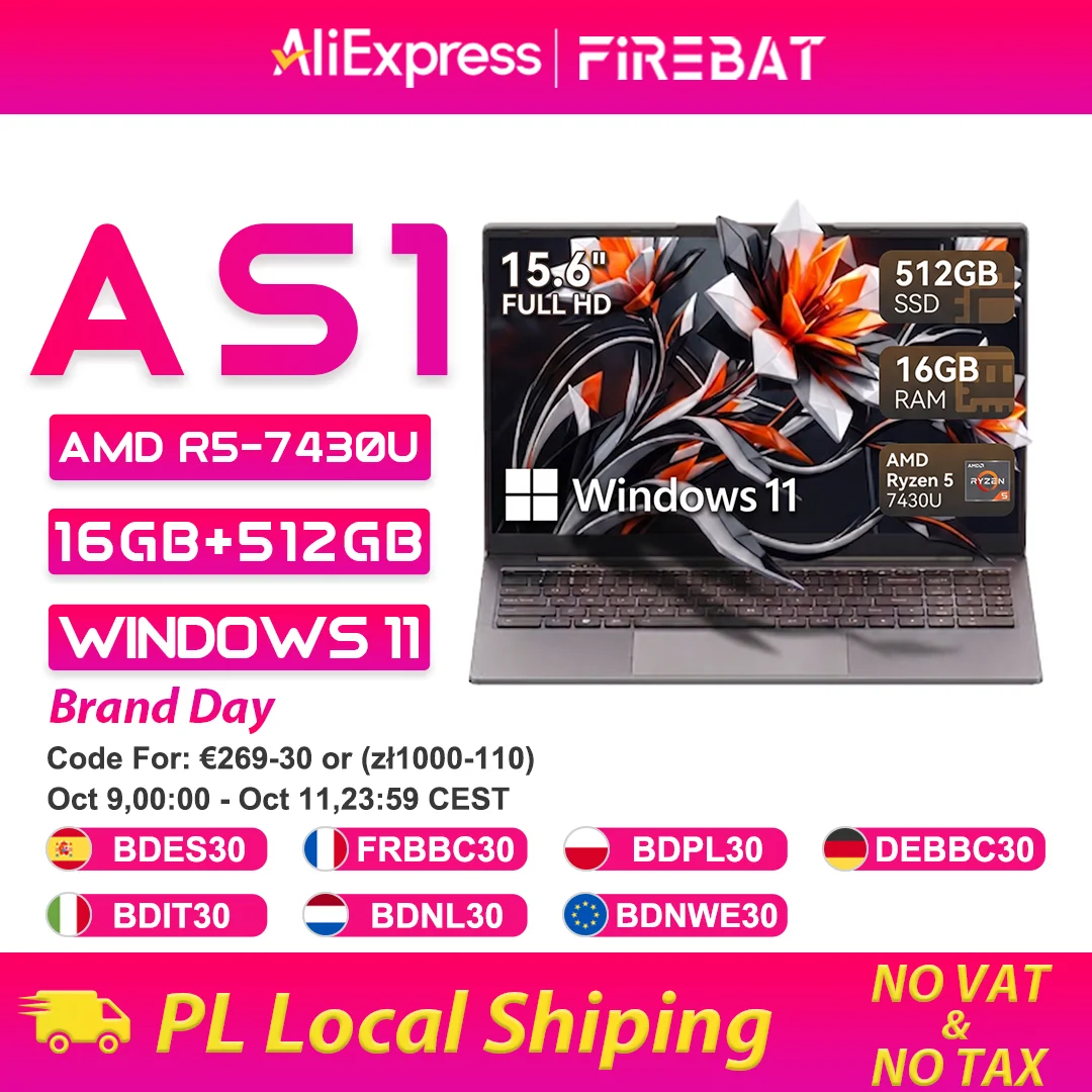 Firebat As1 Laptop Amd Ryzen5 7430U 16Gb Ddr4 3200Mhz 512Gb Ssd 15.6 Inch Ips Windows 11 Notebook Type-C Wifi6 Full-Size Keyboard