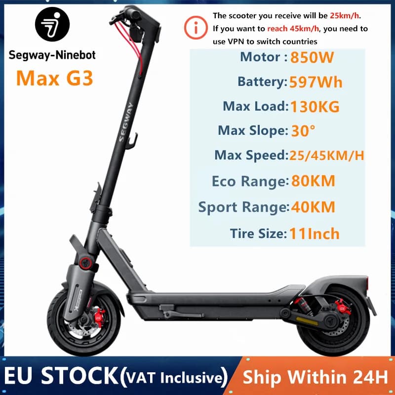 EU Stock Ninebot By Segway Max G3 Electric Scooter Speed 25KM/H Unlock to 45 80KM Range Original G3 Dual Hydraulic Suspension & Disc Brakes Kickscooter