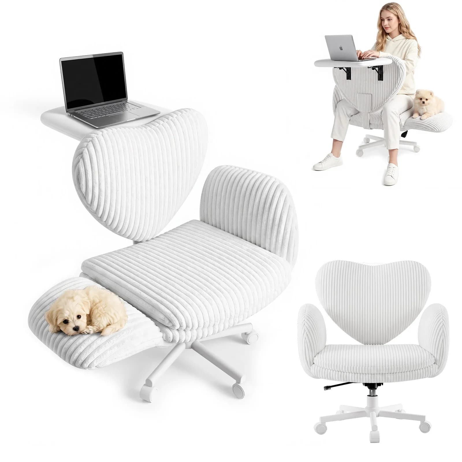 Patberla Ergonomic Office Chair with Folding Tabletop, Wide Desk Chair with 5-Position Adjustable Armrests, Height-Adjustable Cross-Legged Seat, Computer Chair